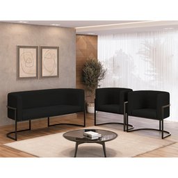 Kit Sofá 2 Lugares + 2 Poltronas Corino para Recepção Preto Cor:preto - 2