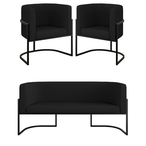 Kit Sofá 2 Lugares + 2 Poltronas Corino para Recepção Preto Cor:preto