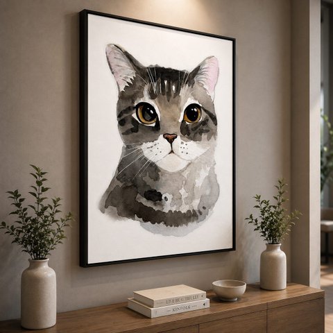 Quadro Canvas Gato Cinza Malhado 60X40cm Mold Preta