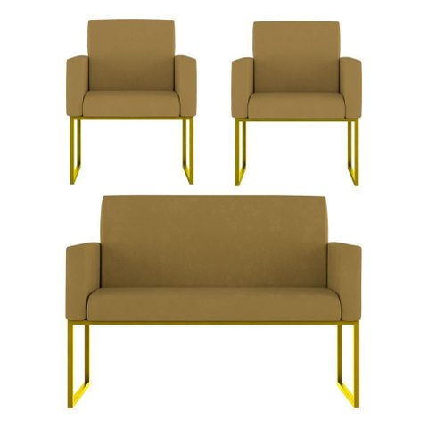Kit Sofá 2 Lugares + 2 Poltronas Recepção Sala Base Dourada Cor:capuccino Capuccino