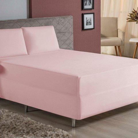 Jogo de Cama Casal Nobre 3 Peças Luva de Box 55cm de Altura Malha 100% Algodão - Rosa