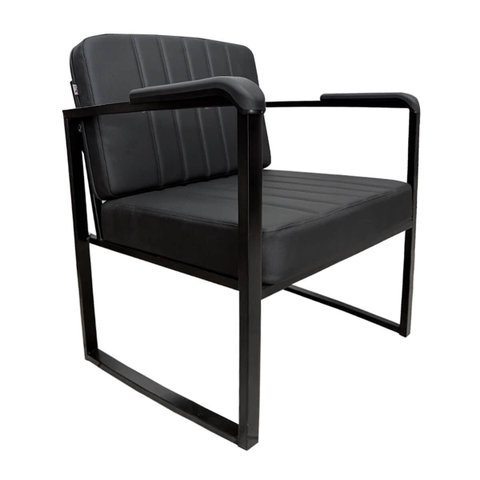 Poltrona Cadeira Decorativa Estilo Industrial para Sala de Estar Jantar Base Metal Sintético Preto