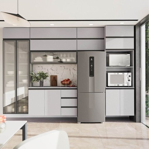Cozinha Modulada 10 Peças 7 Aéreos 1 Balcão 1 Torre 1 Cristaleira Nara CabeCasa MadeiraOriginals Cinza