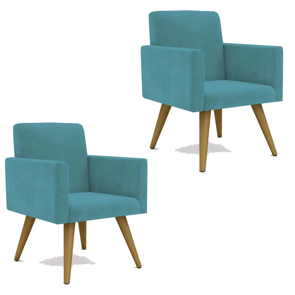 Kit 2 Poltrona Decorativa Nina Cadeira Escritório Recepção Suede Azul Turquesa