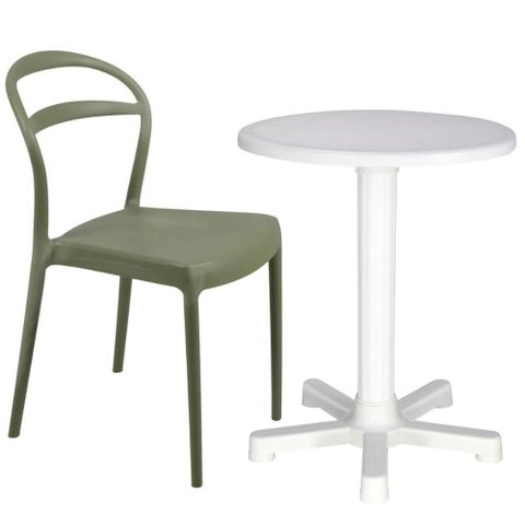 Conjunto Mesa Redonda Branca e 6 Cadeiras Monobloco Verde Ol