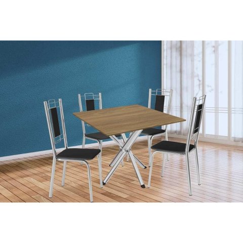 Conjunto: Mesa Sala Jantar Volga C/ Tampo de Madeira 90cm e 4 Cadeiras Florença Cromado/nogueira -