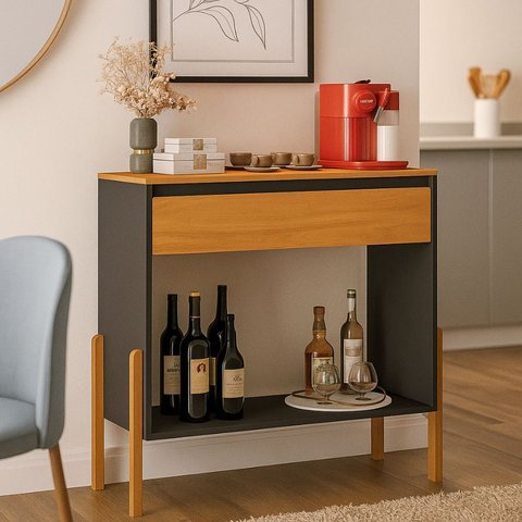 Aparador Barzinho Cantinho do Café Pés Modernos Madeira Lyba: Preto/ Nature