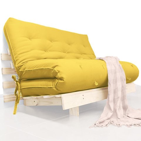 Futon Casal Tokio Sofa Cama Amarelo Acquablock com Madeira Maciça