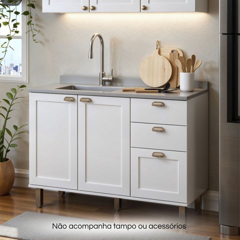 Armário de Cozinha Modulada Balcão de Pia 1,20m Iluminata 100% Mdf Genialflex - Branco