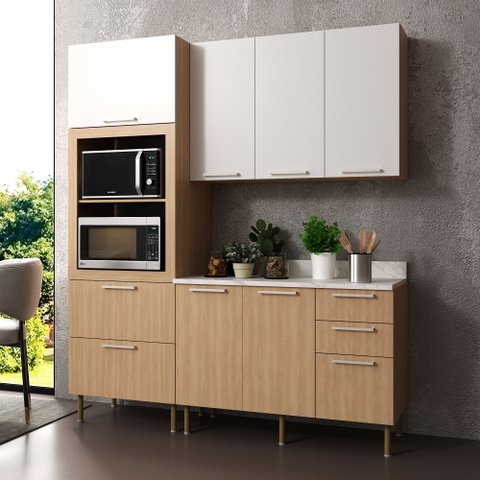 Cozinha Compacta Tulipa 170cm 6 Portas 5 Gavetas Freijó/mármore Branco Cz1103 Cor: Freijó/branco