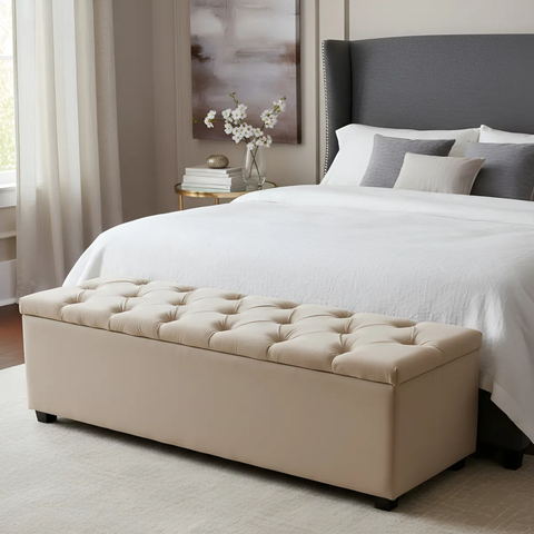 Puf Baú Estofado de Casal na Cor Areia 140x40x45cm Produto com Multifuncionalidade