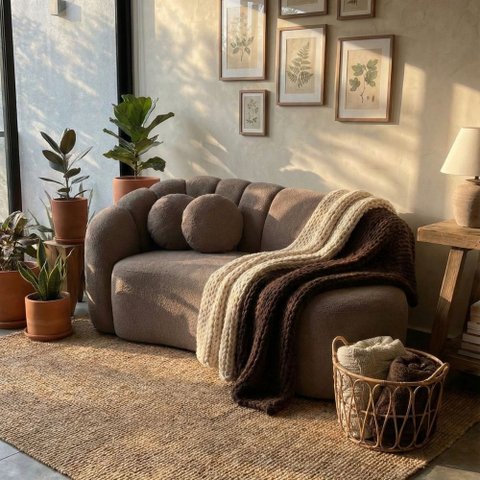 Sofá Curvo 3 Lugares Orgânico Recepção Sala Confortável Serena Boucle Cappuccino - Vimont Moveis