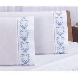 Jogo lençol Veneza quarto casal Padrão bordado 4 peças 2fronha: Branco com Azul - 2