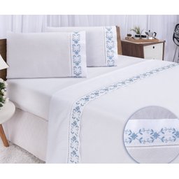 Jogo lençol Veneza quarto casal Padrão bordado 4 peças 2fronha: Branco com Azul - 4