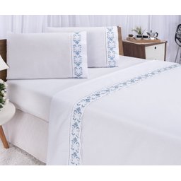 Jogo lençol Veneza quarto casal Padrão bordado 4 peças 2fronha: Branco com Azul - 1