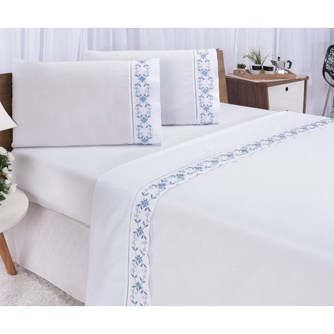 Jogo lençol Veneza quarto casal Padrão bordado 4 peças 2fronha: Branco com Azul