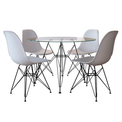 Mesa Jantar Eames de Ferro Preto Tampo Redondo 90cm Vidro 4 Cadeiras Brancas