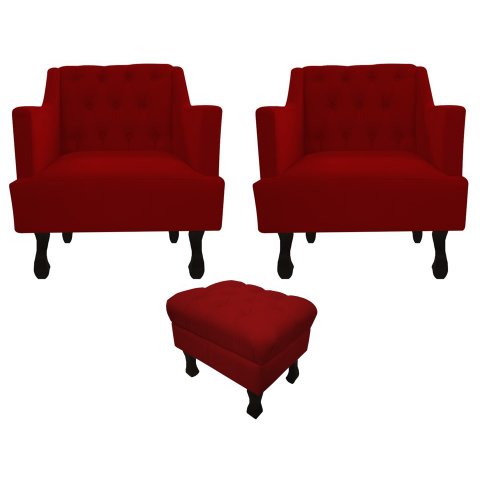 Kit 2 Poltronas Decorativa Julia + Puff Luis Xv Suede Vermelho Pés Madeira Ms Decor