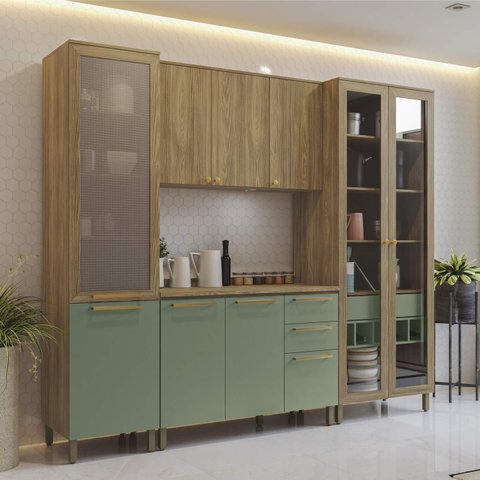 Armário de Cozinha Modulada Completa Reta 8 Peças 2,50m Botanic Kappesberg - Nogueira/verde Oliva