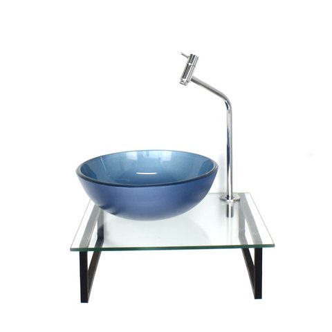 GABINETE DE VIDRO COM CUBA REDONDA AZUL TAMPO 40CM INCOLOR MAIS TORNEIRA METAL