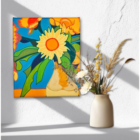 Mini Quadro Decorativo de Jarro de Flores Pintado a Mão
