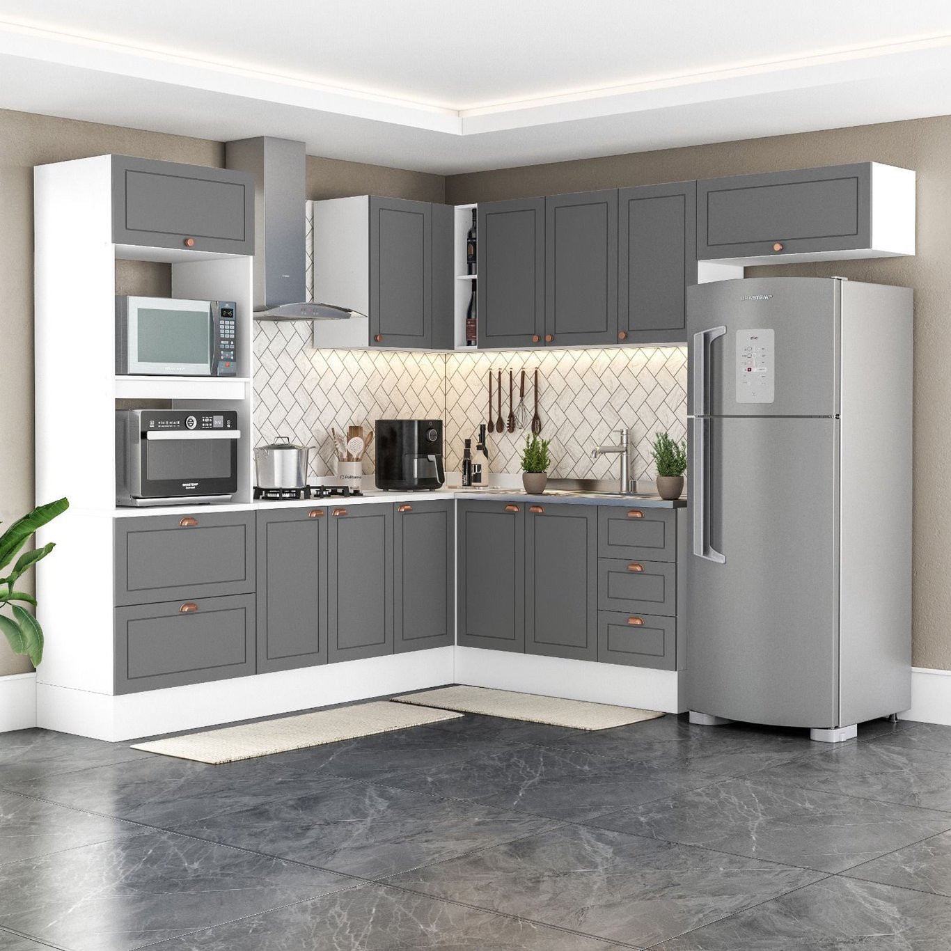 Cozinha Completa Modulada 8 Peças com Rodapé Pérola Yescasa Cinza