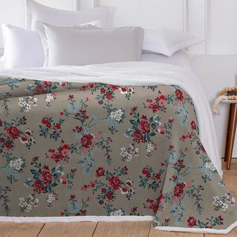 Cobertor Sherpa Queen Dupla Face Sherpa Toque Pele de Ovelha Carneiro - floral bege