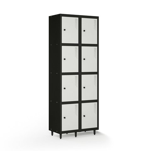 Armário Roupeiro Locker Guarda-Volume de Aço 8 Portas Pequenas com Fecho para Cadeado Vestiário Academia Cinza/Preto