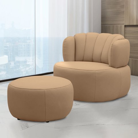 Conjunto Sala de Estar Decorativo Mariele Poltrona Base Giratória em Aço com Puff Couro Nude G88 - G