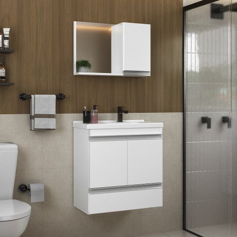 Kit Gabinete Banheiro Fox 60cm Branco Inteiro (gabinete + Cuba + Espelheira)