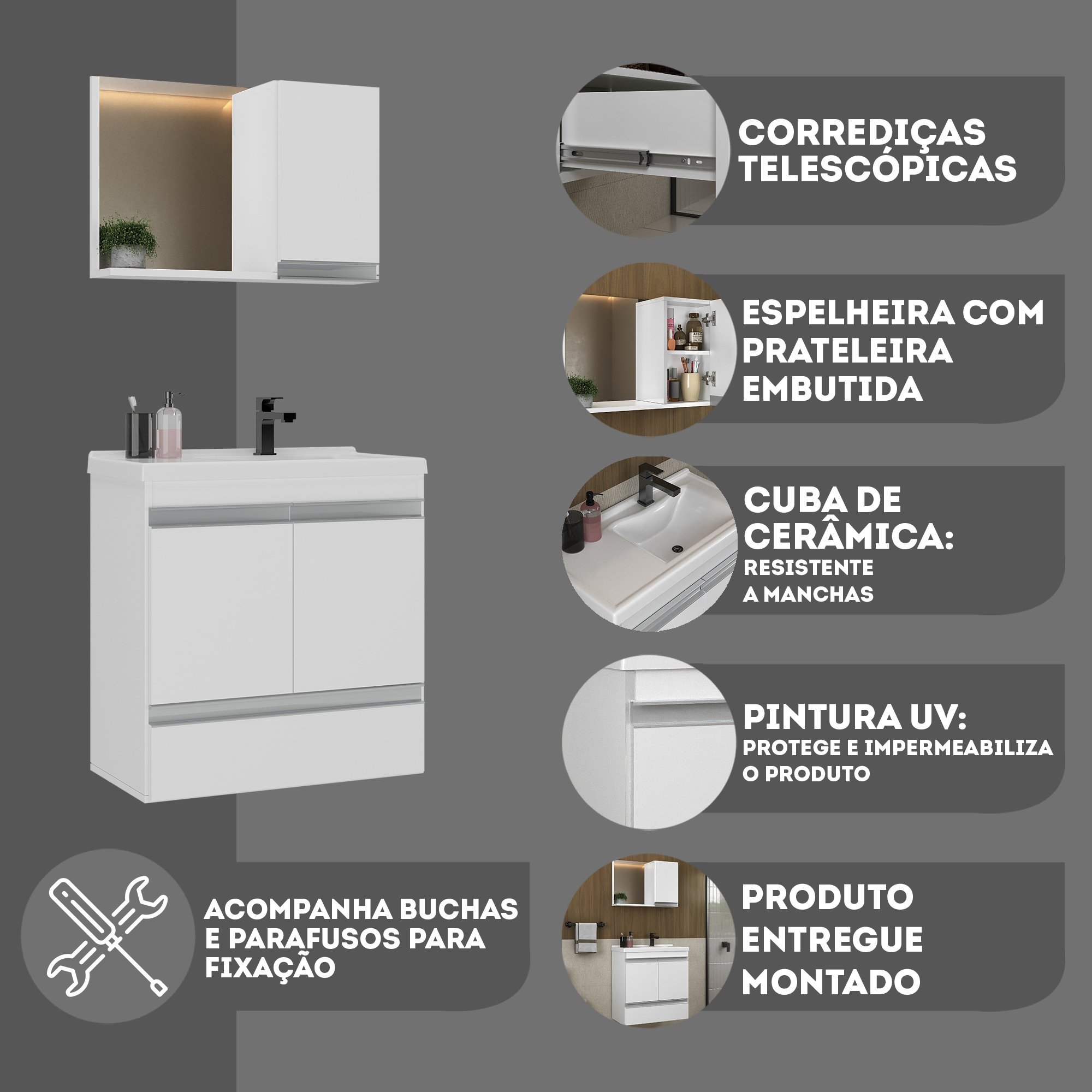 Kit Gabinete Banheiro Fox 60cm Branco Inteiro (gabinete + Cuba + Espelheira) - 6