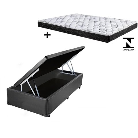Cama Box Baú Solteiro Conforto Sintético Cinza + Colchão Solteiro Conforto Espuma D33 14x88x188