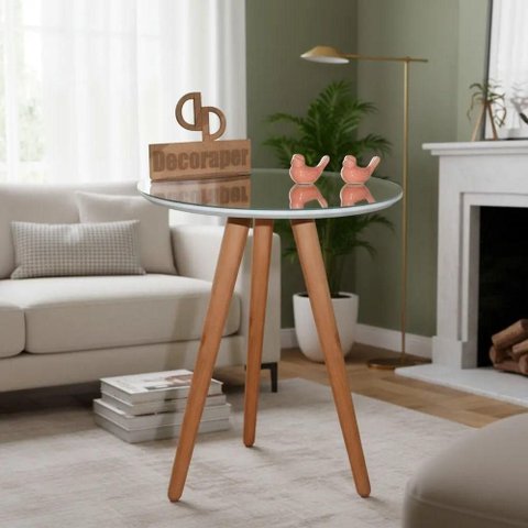 Mesa de Canto Pés Palito Amadeirado com Tampo Espelhado Redondo MDF Madeira Maciça 50cm Branco