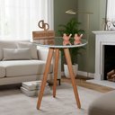 Ver imagem 1 de Mesa de Canto Pés Palito Amadeirado com Tampo Espelhado Redondo MDF Madeira Maciça 50cm Branco