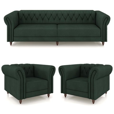Conjunto 1 Sofá Living 240cm e 2 Poltronas Stanford Chesterfield Pés Madeira Couro Verde G58 Gran