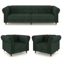 Ver imagem 1 de Conjunto 1 Sofá Living 240cm e 2 Poltronas Stanford Chesterfield Pés Madeira Couro Verde G58 Gran