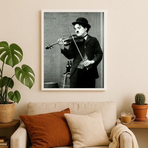 Quadro Charlie Chaplin Tocando Violino 45x34cm:moldura Branca