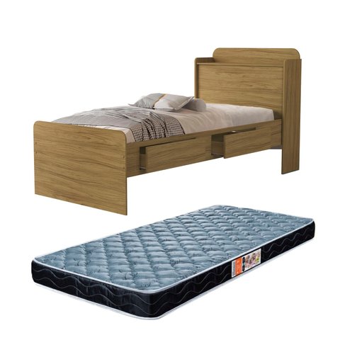Cama Solteiro Tamires Nature com Gavetas Prateleiras e Bau + Colchão D20 Incluso