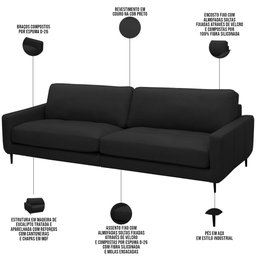 Sofá 3 Lugares para Sala Living Industrial 210cm Ávila L06 Couro Preto - Lyam Decor - 4