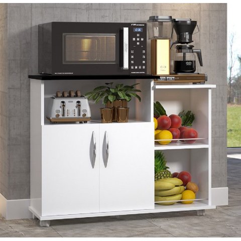 Fruteira Base p/ Microondas Multiuso 2 Portas Branco C/ Preto Cozinha ClickForte Armário Fruteira