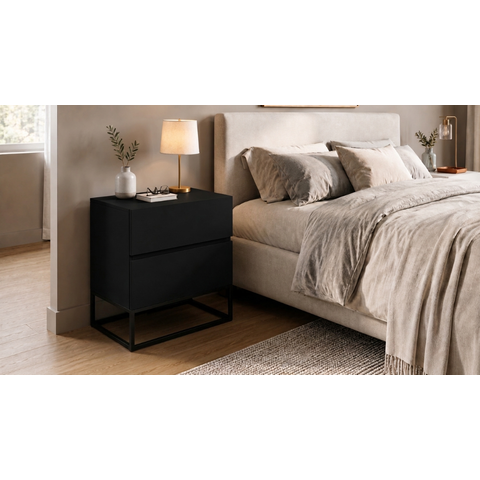Mesa de Cabeceira Eros Preta 45cm com Gavetas Pés de Metal Estilo Industrial Preto