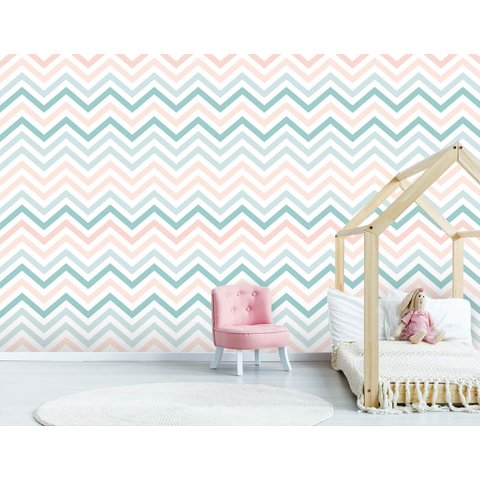 Papel de Parede Infantil - Chevron Rosa, Azul e Branco Arte Destaque 2,50 Metros