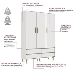 Quarto de Bebê Berço 3 em 1 Cômoda Gaveteiro Guarda Roupa Retrô 3 Portas com Gavetas Branco - 8