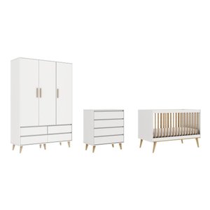 Quarto de Bebê Berço 3 em 1 Cômoda Gaveteiro Guarda Roupa Retrô 3 Portas com Gavetas Branco