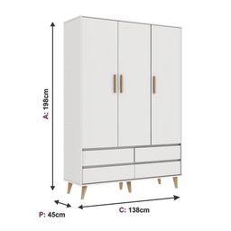 Quarto de Bebê Berço 3 em 1 Cômoda Gaveteiro Guarda Roupa Retrô 3 Portas com Gavetas Branco - 9
