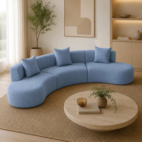 Sofá Curvo Luxo Vírginia 3 Módulos 360cm Sala Linho Azul