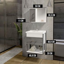 Conjunto Gabinete Inferior e Superior Banheiro 1 Porta 1 Gaveta Rubi - Cinza Rovere - Cinza - 3
