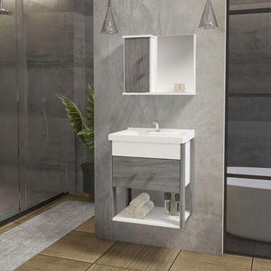 Conjunto Gabinete Inferior e Superior Banheiro 1 Porta 1 Gaveta Rubi - Cinza Rovere - Cinza