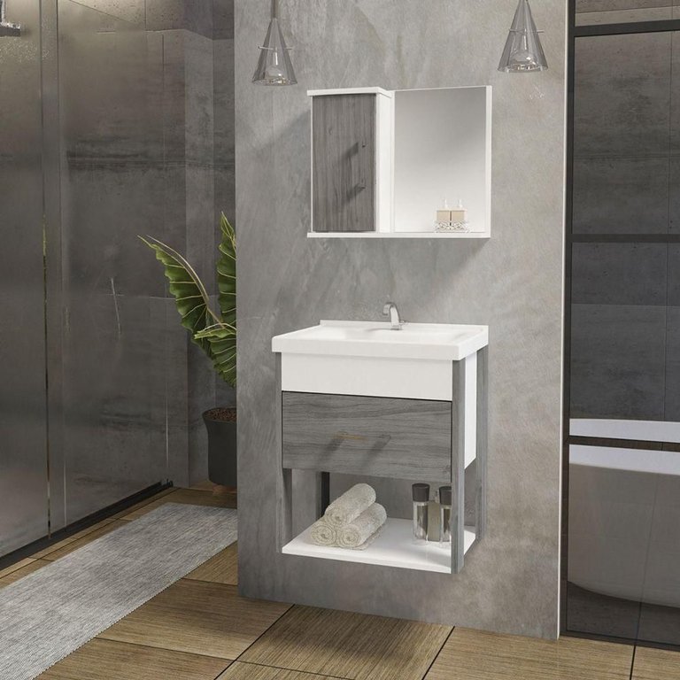 Conjunto Gabinete Inferior e Superior Banheiro 1 Porta 1 Gaveta Rubi - Cinza Rovere - Cinza Conjunto Gabinete Inferior e Superior Banheiro 1 Porta 1 Gaveta Rubi - Cinza Rovere - Cinza