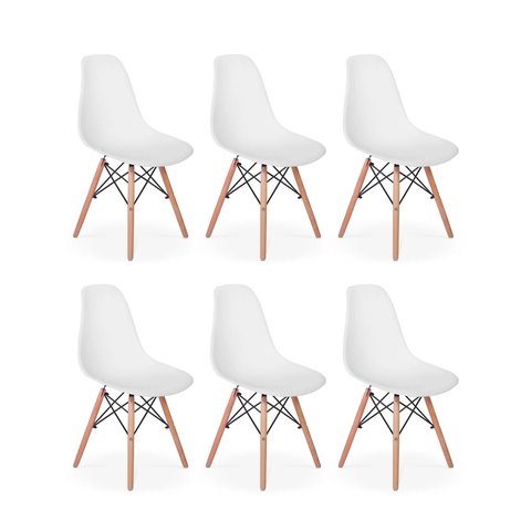 Kit 6 Cadeiras Pé Palito Eiffel Charles Eames Brancas – Base de Madeira – Sala de Jantar, Escritório